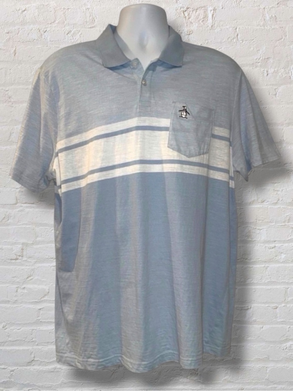 Original Penguin Polo Shirt XL Light Blue White Stripe Pocket Logo Golf Casual